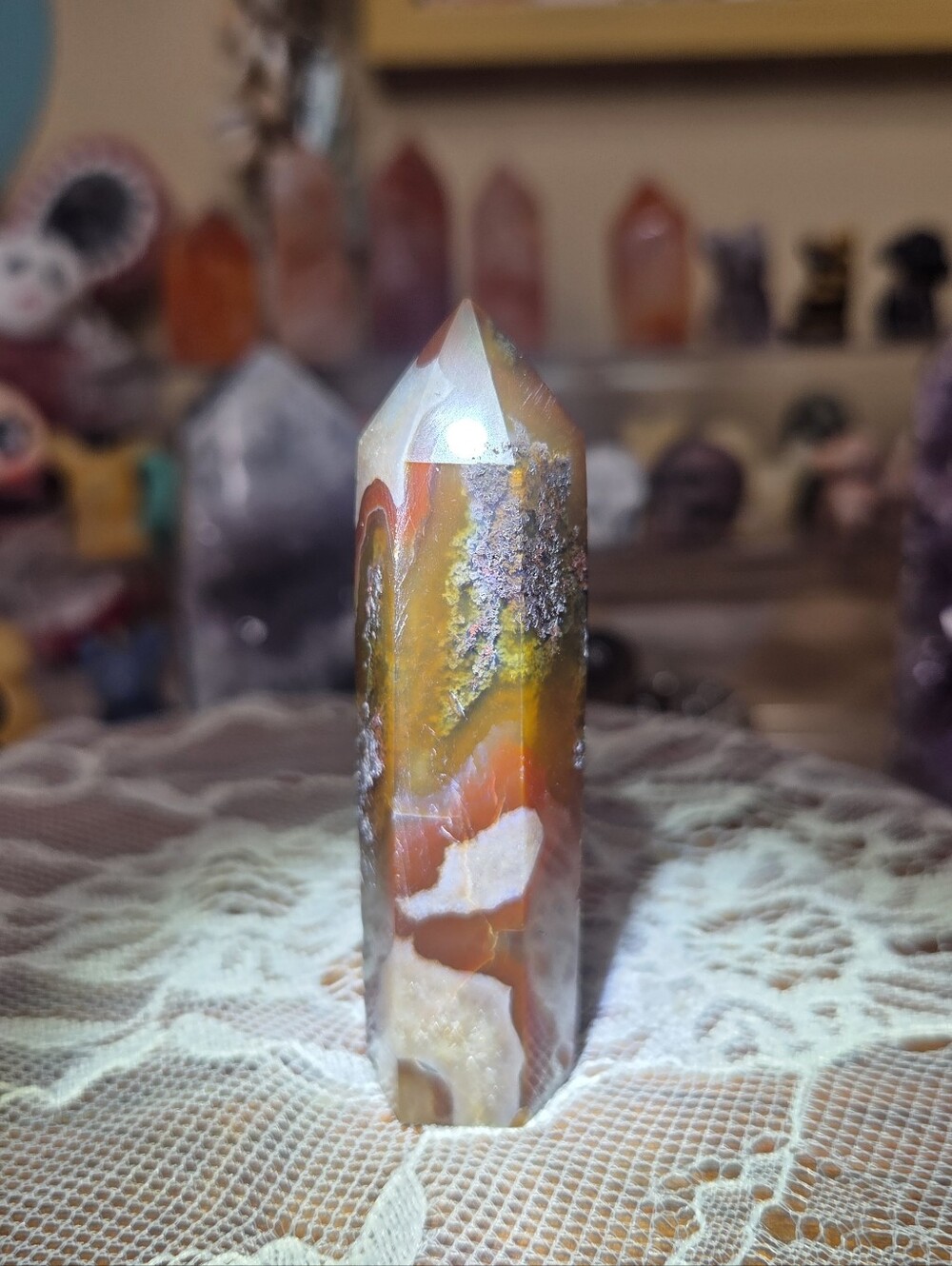 Red Moss Agate Tower Stand 3in ( Courage)